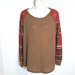 Waffle Knit Top Brown, Rusty Red & White Printed Longsleeves, Size Large